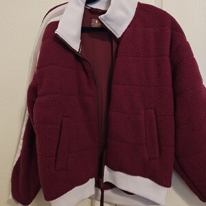 FP Movement by Free People Burgundy Sherpa Bomber Jacket with White Trim